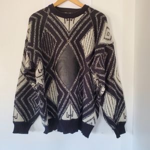 VTG 90s IMPACT Men XL Acrylic Knit Leather Accent Black White Geo Print Grunge